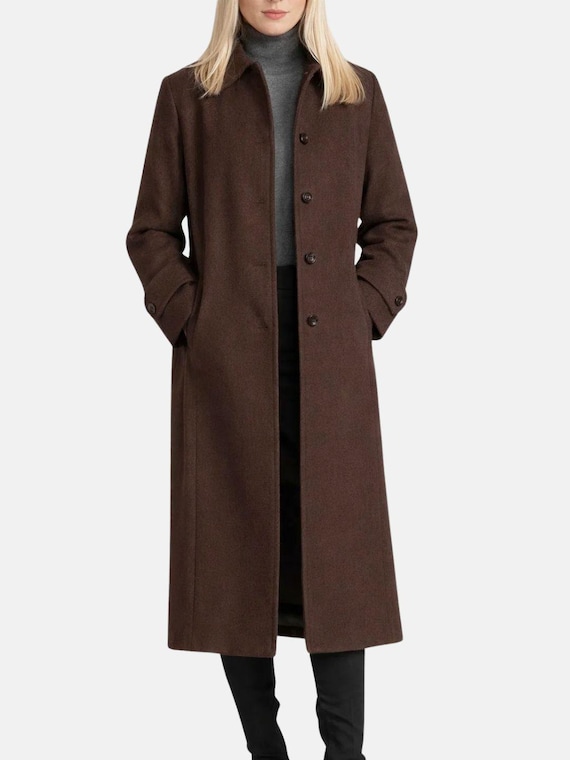 Women Dark Brown Wool Long Coat Button Front Classic Winter Outerwear
