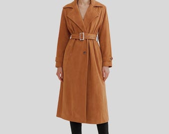 Women’s Camel Brown Genuine Suede Trench Coat – Long Belted Overcoat with Classic Lapel Collar