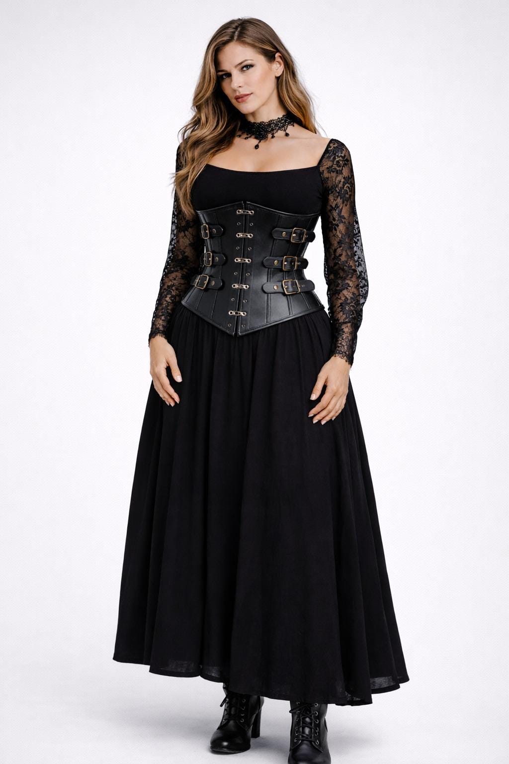 Black Leather Overbust Corset Dress - Steel Boned Gothic Victorian Waist Shaper