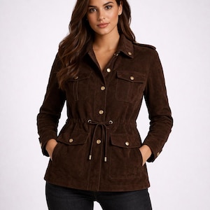 Brown Suede Jacket Women Belted Utility Safari Military Style Coat