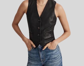 Women’s Black Leather Vest – Sleeveless Button Front Tailored Waistcoat Top