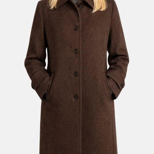 Women dark brown wool long coat with button front classic winter outerwear