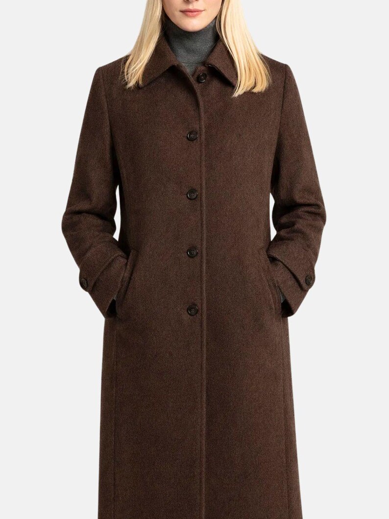 Women dark brown wool long coat with button front classic winter outerwear