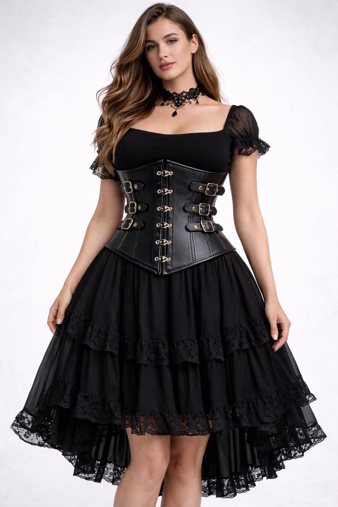 Goth Mode Black Leather Gothic Corset Dress – Overbust Steel Boned Lace High Low ...