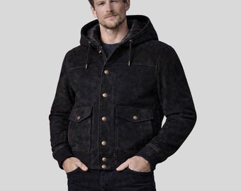 Men Black Suede Hooded Bomber Jacket – Winter Utility Outerwear