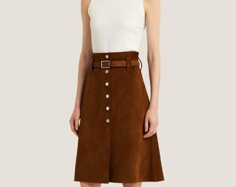 Brown Suede Midi Skirt for Women – High Waist Luxury Button Skirt