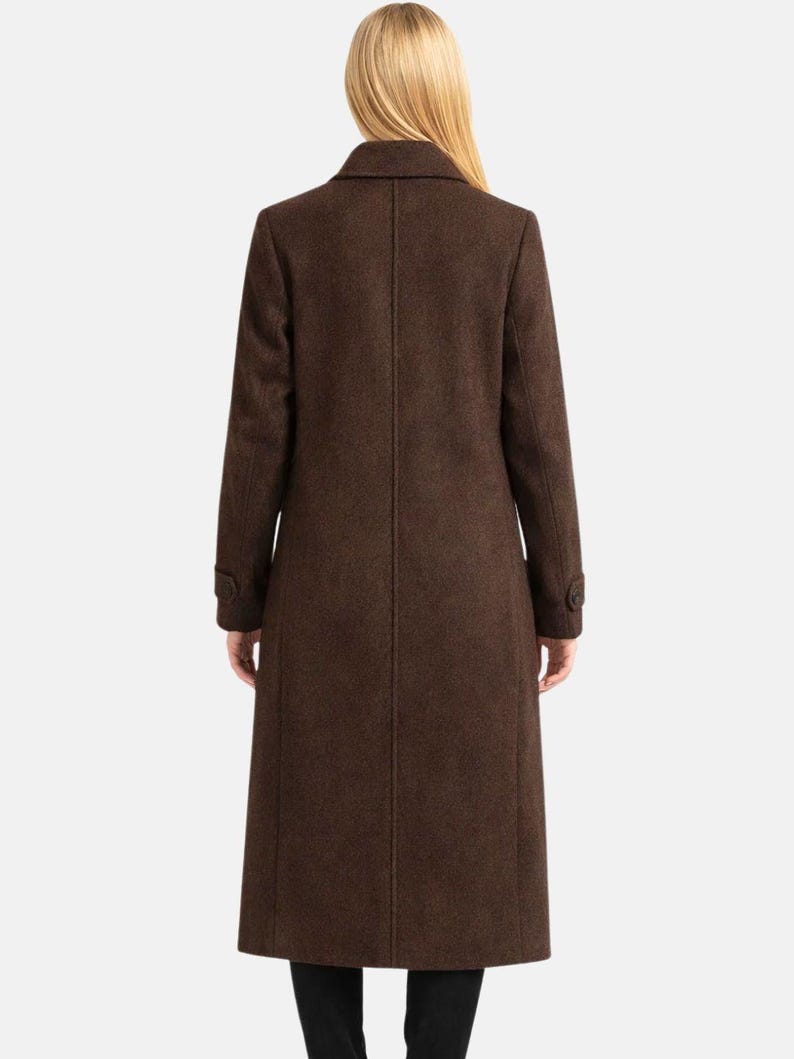 Women dark brown wool long coat with button front classic winter outerwear