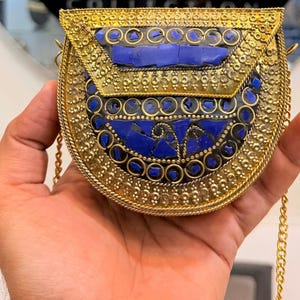 Blue Handcrafted Boho Mosaic Brass Clutch