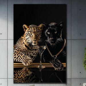 Black Puma And Leopard Wall Art, Tempered Glass Print Wall Decor, Wild Animals Wall Decor, Luxury Wall Art, Large Wall Decor, Wall Hangings