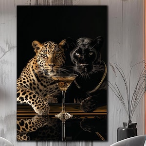 Black Puma And Leopard Wall Art, Tempered Glass Print Wall Decor, Wild Animals Wall Decor, Luxury Wall Art, Large Wall Decor, Wall Hangings