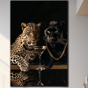Black Puma And Leopard Wall Art, Tempered Glass Print Wall Decor, Wild Animals Wall Decor, Luxury Wall Art, Large Wall Decor, Wall Hangings