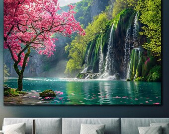 Waterfall Paradise Tempered Glass Wall Art-Large Glass Wall Art-Spring Landscape Art-Waterfall Wall Art-Glass Print-Magnificent Wall Decor,