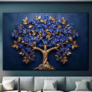Blue & Gold Tree of Life Tempered Glass Wall Art, Luxury Wall Decor, Modern Stylish  Wall Art, Tree of Life Glass Print, Unique Home Decor