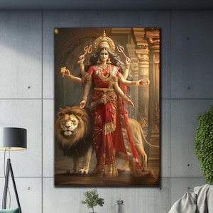 Durga & Lion Tempered Glass Wall Art, Durga Printing, Large Glass Wall Art, Hindu Goddess Print, Buddhist Figures Wall Art, Durga  Lion Art