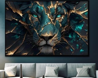 Majestic Blue Eyed Lion Glass Wall Art_Tempered Wall Art_Abstract Gold Cracked Lion Design_Modern Animal Artwork_Luxury Animal Glass Print