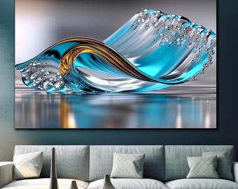 Arte mural de vidrio templado azul y metálico de lujo: decoración abstracta moderna