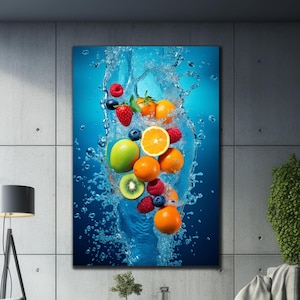 Fruits Splash Tempered Glass Wall Art, Fruits Splash Wall Art, Splashing Fruit On Water, Kitchen & Dining Room Decor,  Housewarming Gifts