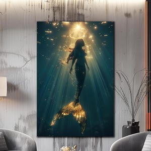 Tempered Glass Wall Art,Mermaid Wall Art, Glass Printing, Mermaid Wall Hangings, Mermaid Framed Art, Mermaid in Water, Glass Large Wall Art