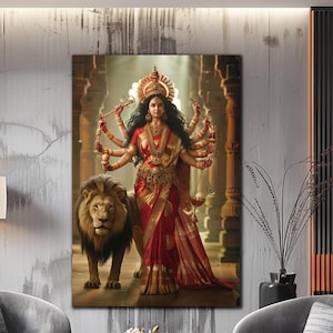 Durga & Lion Tempered Glass Wall Art, Durga Printing, Large Glass Wall Art, Hindu Goddess Print, Buddhist Figures Wall Art, Durga  Lion Art