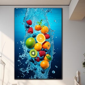 Fruits Splash Tempered Glass Wall Art, Fruits Splash Wall Art, Splashing Fruit On Water, Kitchen & Dining Room Decor,  Housewarming Gifts