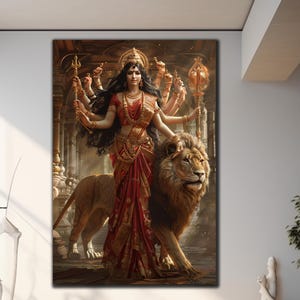 Durga & Lion Tempered Glass Wall Art, Durga Printing, Large Glass Wall Art, Hindu Goddess Print, Buddhist Figures Wall Art, Durga  Lion Art