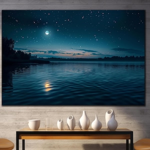 Arte de pared de vidrio templado con luz de luna y océano, paisaje marino nocturno, impresión de cielo estrellado (impresión en vidrio de luna llena), arte de pared grande, tapices