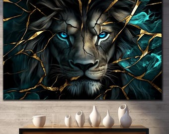 Majestic Blue Eyed Lion Glass Wall Art_Tempered Wall Art_Abstract Gold Cracked Lion Design_Modern Animal Artwork_Luxury Animal Glass Print