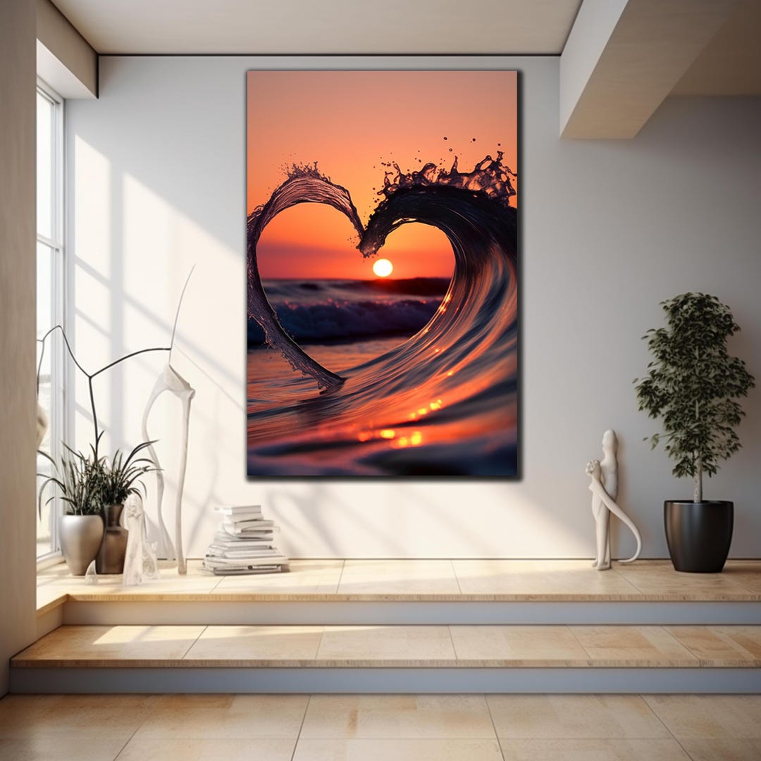Romantic Sunset Wave Wall Art-heart Landscape Tempered Glass Art-ocean ...