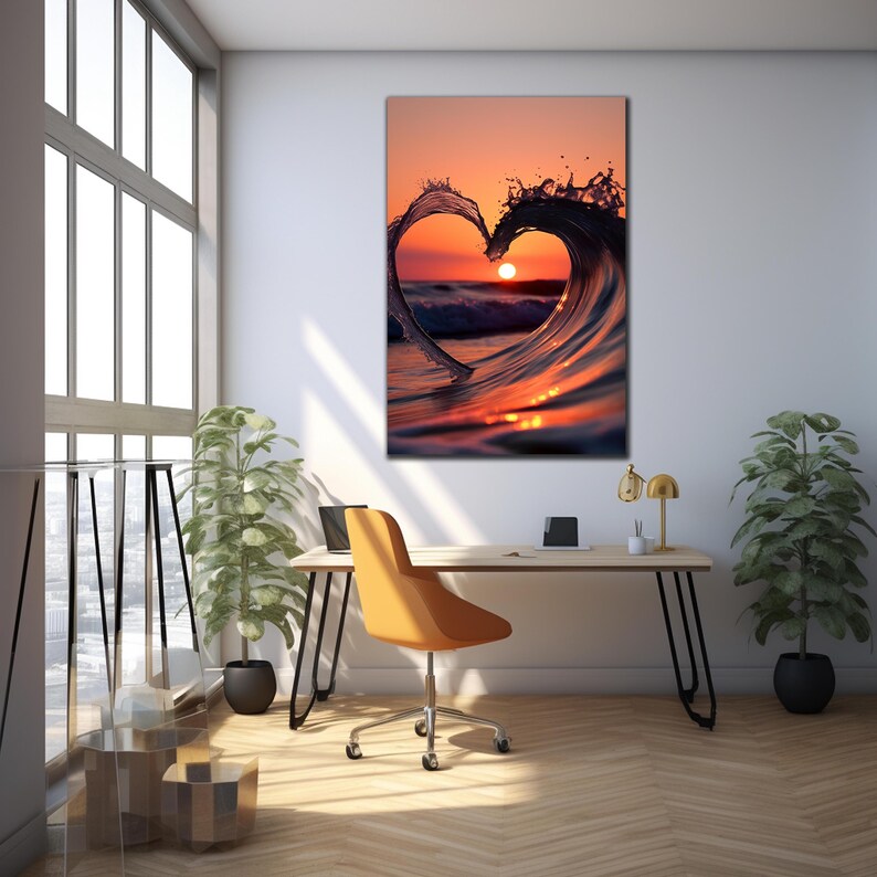 Romantic Sunset Wave Wall Art-heart Landscape Tempered Glass Art-ocean ...