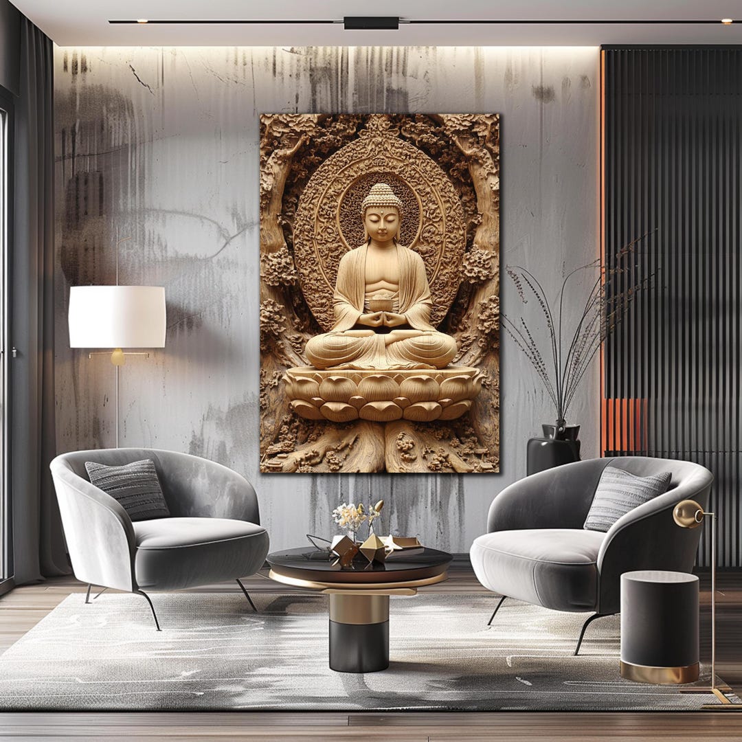 Buddha Wall Art — Intricate Wooden Carving Style on Tempered Glass ...