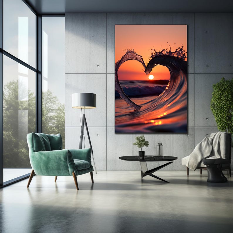 Romantic Sunset Wave Wall Art-heart Landscape Tempered Glass Art-ocean ...