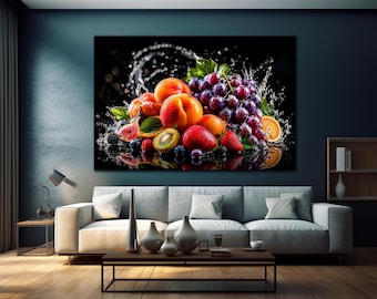 Luxury Fruit Splash Tempered Glass Wall Art, Colorful Kitchen Decor, Modern Home Decor