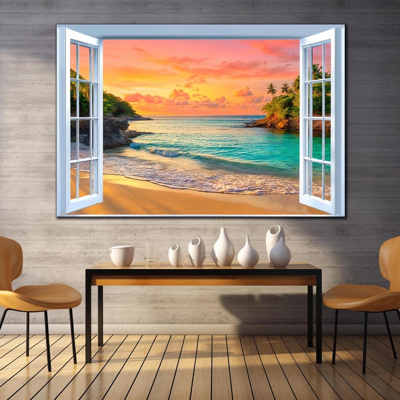 Tropical Beach Window View Wall Art, Turquoise Ocean Sunset Tempered ...