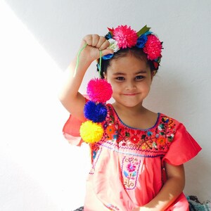 Mexican Embroidered Baby Girls Dress in Cool Coral Pink-Halloween Costume Frida Dress Up Cinco de Mayo Fiestas