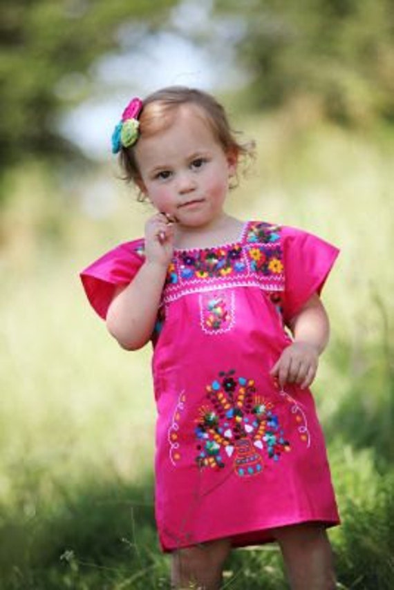 Vestido Bordado Mexicano para niña Fucsia. - Etsy