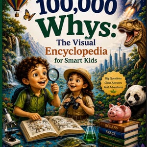 Könnte beinhalten: Ein gebundenes Buch mit dem Titel 100,000 Whys: The Visual Encyclopedia for Smart Kids von Zimoh Books. Das Cover zeigt zwei Kinder, die mit einer Lupe und einem Fernglas forschen, umgeben von einem Dinosaurier, Panda, Schildkröte und Laborgeräten.