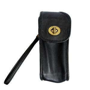 Vintage Coach Cell Phone Holder Black Leather Retro Old Style Turn Lock