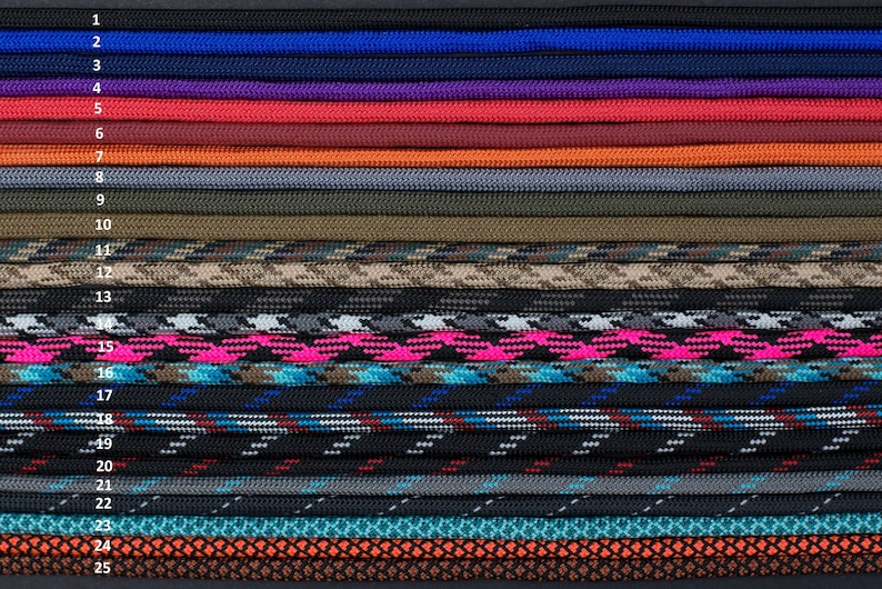 May include: A variety of 25 different colors and patterns of paracord, a type of strong nylon cord often used for crafting and survival.