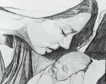 May include: A black and white pencil drawing of a mother cradling a sleeping baby in her arms. The mother is looking down at the baby with a loving expression.