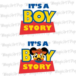 Może przedstawiać: Dwa projekty z tekstem "IT'S A BOY STORY". Słowo "BOY" jest żółte z niebieskim obrysem, na czerwonym tle. Jeden projekt przedstawia kapelusz kowbojski na literze "O" w słowie "BOY".