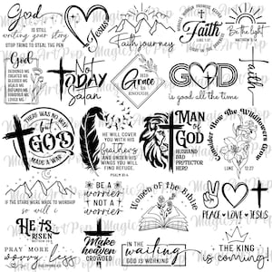 Puede incluir: Una colección de gráficos cristianos en blanco y negro. Los diseños incluyen cruces, corazones y textos como "Jesús", "Fe" y citas inspiradoras. Adecuado para pegatinas, impresiones o arte digital.