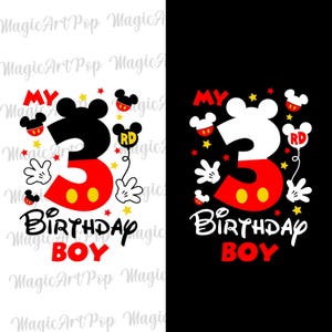 May include: A graphic design for a third birthday, featuring a large number 3 in red and black, with yellow accents. The design includes Mickey Mouse-themed elements, the words "MY BIRTHDAY BOY", and star shapes.