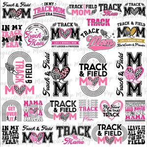 Puede incluir: Una descarga digital de 16 diseños de mamá de atletismo. Los diseños presentan colores rosa, negro y blanco con acentos de estampado de leopardo. Los diseños incluyen texto como "Mamá de atletismo", "Mamá de atletismo", "Mamá de atletismo Mama" y "En mi era de atletismo".
