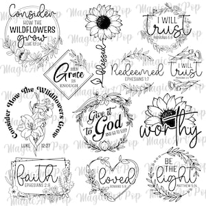 Puede incluir: Una colección de diseños florales en blanco y negro con citas inspiradoras. Los diseños incluyen coronas florales, girasoles y textos como "Considera cómo crecen los lirios", "Su gracia es suficiente" y "Confiaré".