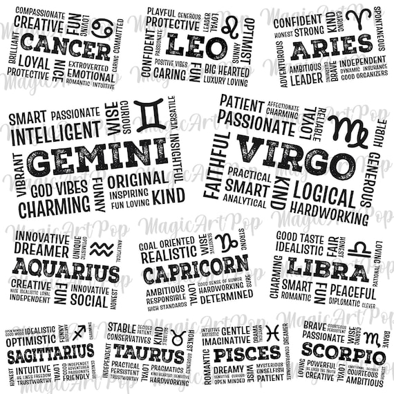 Zodiac Sign Svg Png Bundle, Horoscope Svg, Astrology Signs Svg, Positive Zodiac Shirts Designs Svg, Zodiac Quotes Svg, Zodiac Symbols Svg