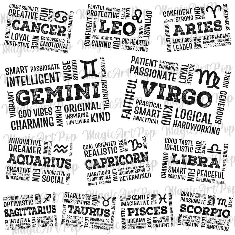 Stjärntecken Svg Png-paket, Horoskop Svg, Astrologitecken Svg, Positiva Stjärntecken T-shirts Designs Svg, Stjärnteckencitat Svg, Stjärnteckensymboler Svg bild 1