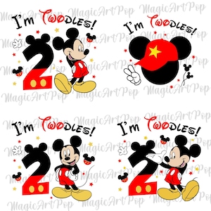 May include: Four designs featuring Mickey Mouse graphics for a second birthday. Each design includes the number 2 in red and black, Mickey Mouse, stars, and the text "I'm Twoodles!" in red script.