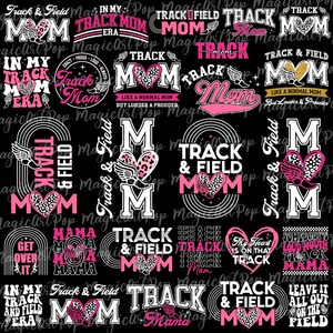May include: A black and pink seamless pattern with various designs featuring the text "Track & Field Mom". The designs include hearts, wings, and running shoes.