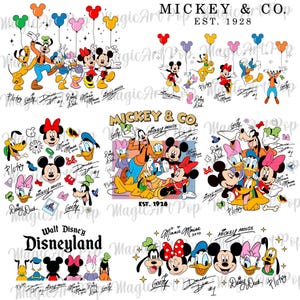 Puede incluir: Una colección de gráficos de personajes de Disney, incluyendo Mickey Mouse, Minnie Mouse, Donald Duck y Goofy. La imagen presenta varias poses y arreglos, con algunos personajes sosteniendo globos. También está presente el texto "MICKEY & CO. EST. 1928".