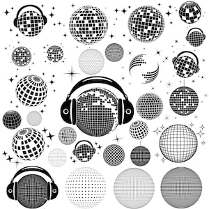 Puede incluir: Ilustración en blanco y negro de bolas de discoteca de varios tamaños y diseños, incluida una bola de discoteca con auriculares. Las bolas de discoteca están dispuestas en un patrón aleatorio sobre un fondo blanco.
